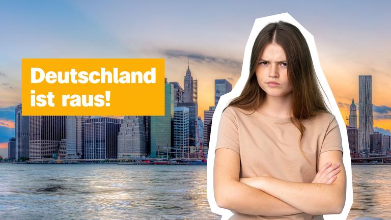 Junges Mädchen schaut grimmig, vor der Skyline von New York