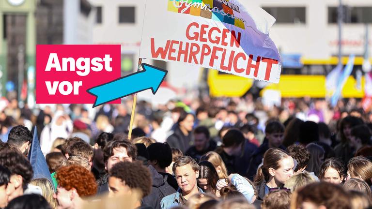 Demonstrierende halten ein Banner hoch, auf dem steht "Gegen Wehrpflicht". Daneben eine Textbox, in der steht "Angst vor" mit einem Pfeil zum Demonstrationsbanner. 