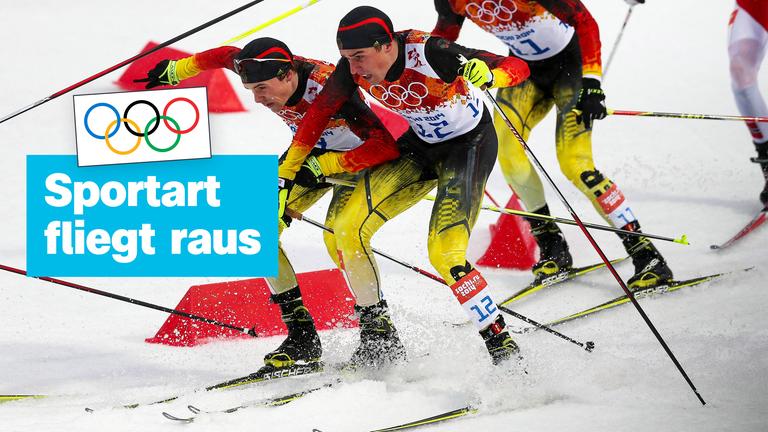 Grafik: Sportart fliegt raus. Drei Wintersportler auf Ski mit Stöckern