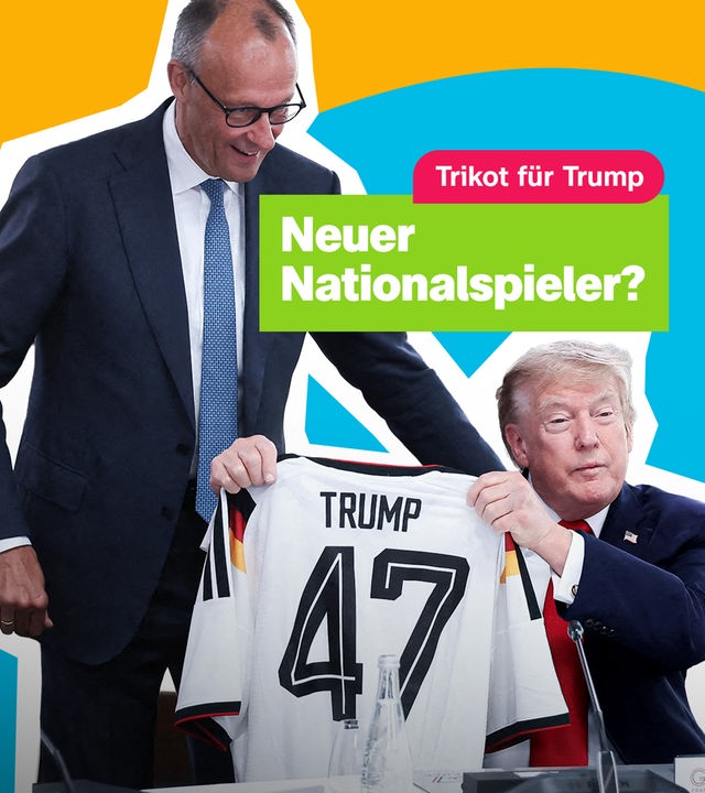 Friedrich Merz überreicht Donald Trump ein deutsches Trikot der Fußball-Nationalmannschaft und Schriftzug: "Trikot für Trump - Neuer Nationalspieler?"