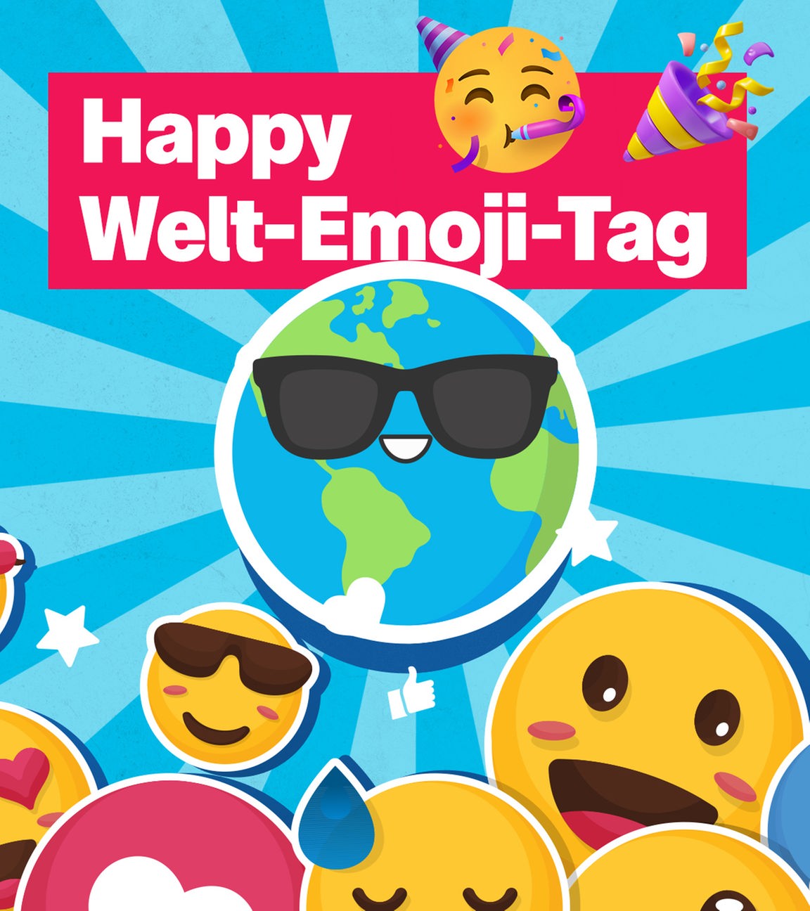 Auf blauem Hintergrund mit Strahlenmuster ist mittig das Emoji einer lächelnden Weltkugel mit Sonnenbrille abgebildet. Ab unteren Rand befinden sich ganz viele verschiedene Emojis. Oben-mittig die Schrift: "Happy Welt-Emoji-Tag!" 