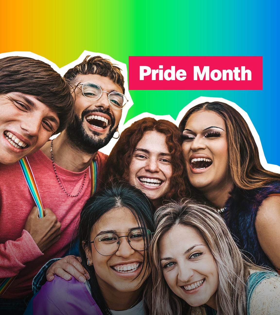 Verschiedene Menschen vor Regenbogenflagge, darüber steht Pride Month