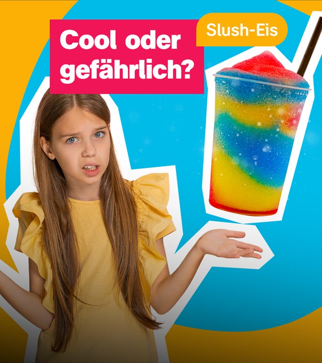 Links hebt ein blondes Mädchen mit ahnungslosem Gesichtsausdruck unentschlossen beide Arme. Rechts ist ein rot-gelb-blaues Slush-Eis abgebildet. Mittig der Text "Slush-Eis. Cool oder gefährlich?"