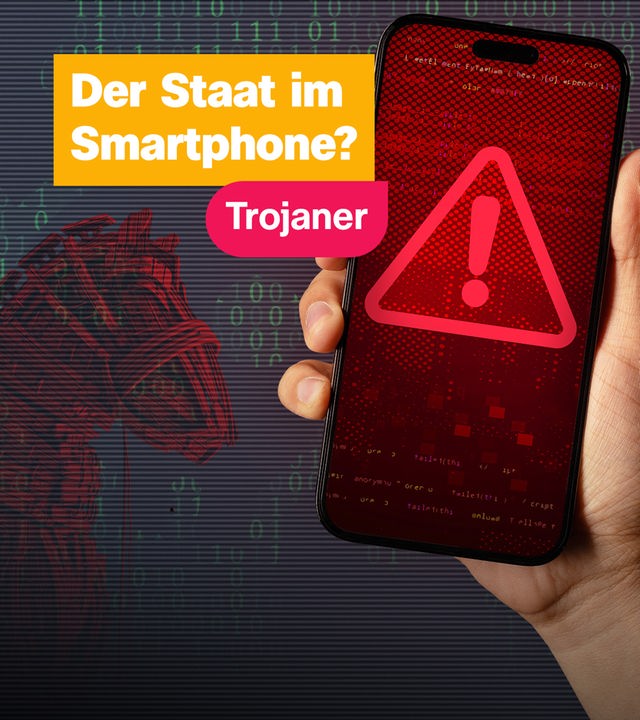 Smartphone mit Trojaner-Warnung darauf. Danaben der Schriftzug: Der Staat auf dem Smartphone?