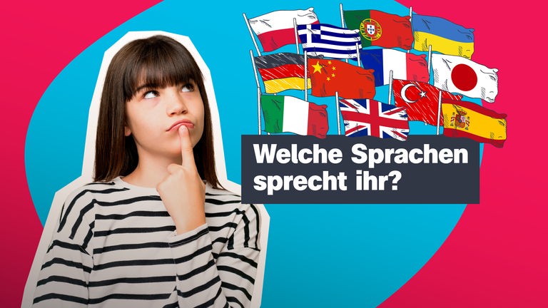 Ein Mädchen schaut nachdenklich nach oben. In der Ecke sind Flaggen vieler verschiedener Länder