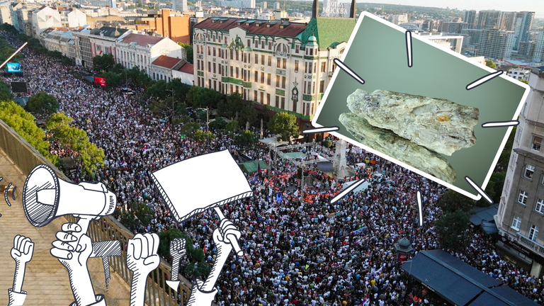 Demonstrationen in Belgrad, Serbien / Darauf Foto von Metall Lithium und Demonstrierende Hände als Grafik