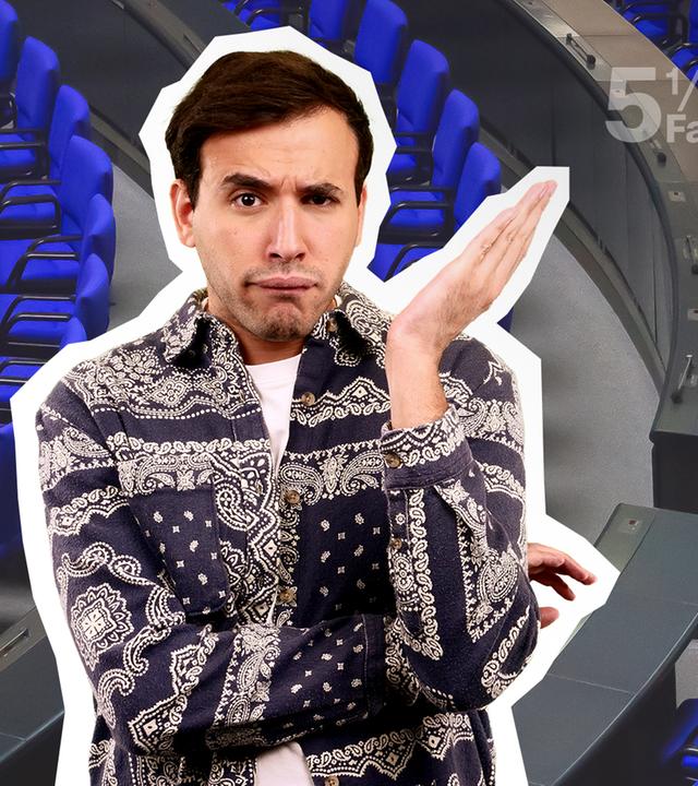 Sherif mit Grafik zum Bundestag und den blauen Stühlen