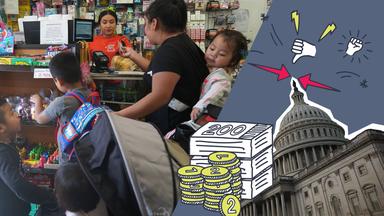 Familie mit Lebensmitteln an der Kasse, Weißes Haus mit Streit- und Geld-Grafiken