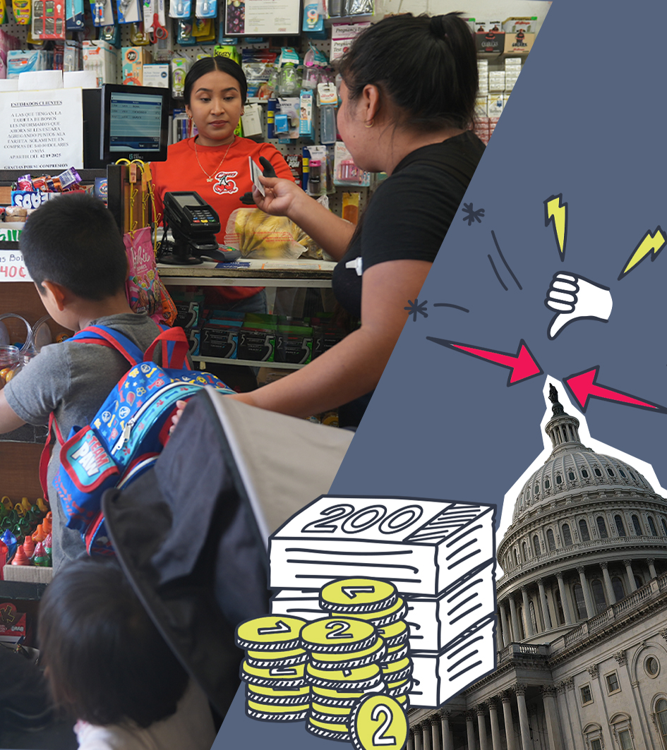 Familie mit Lebensmitteln an der Kasse, Weißes Haus mit Streit- und Geld-Grafiken