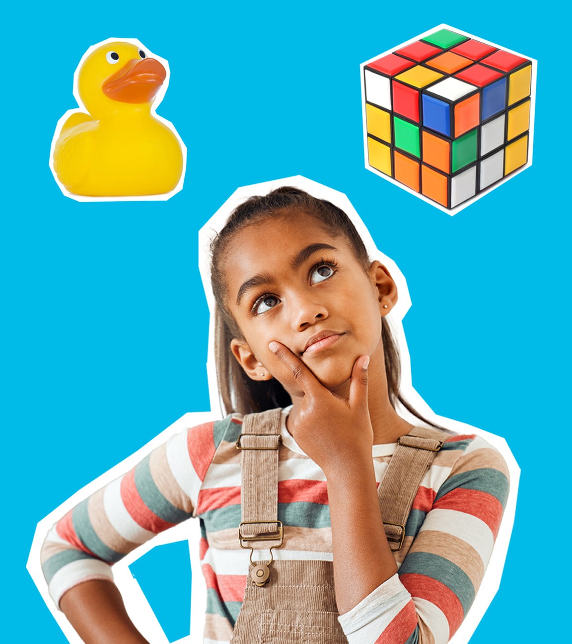 Mädchen in Mitte überelgt, darüber zwei Spielzeuge: Quietscheente und Zauberwürfel