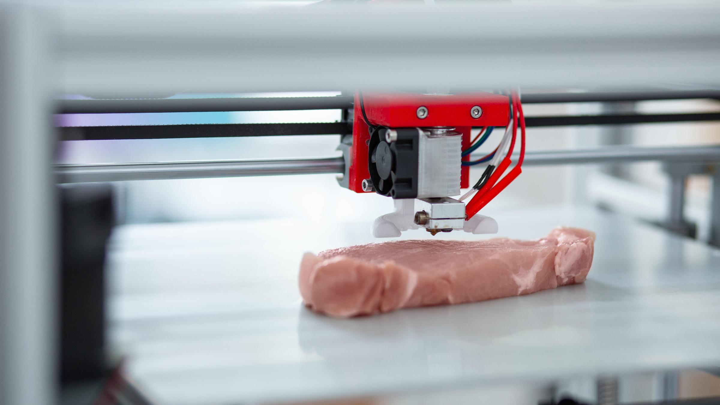 Ein Stück Fleisch wird von einem 3D Drucker gedruckt