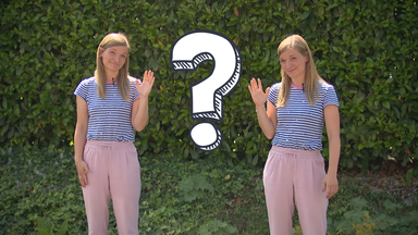 Reporterin Simone steht jeweils links und rechts im Bild und hebt jeweils linke und rechte Hand, dazwischen ein Fragezeichen