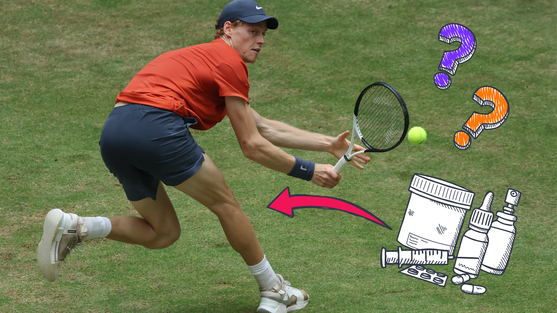 Sinner spielt Tennis, Grafik von Medikamenten, Pfeil und Fragezeichen