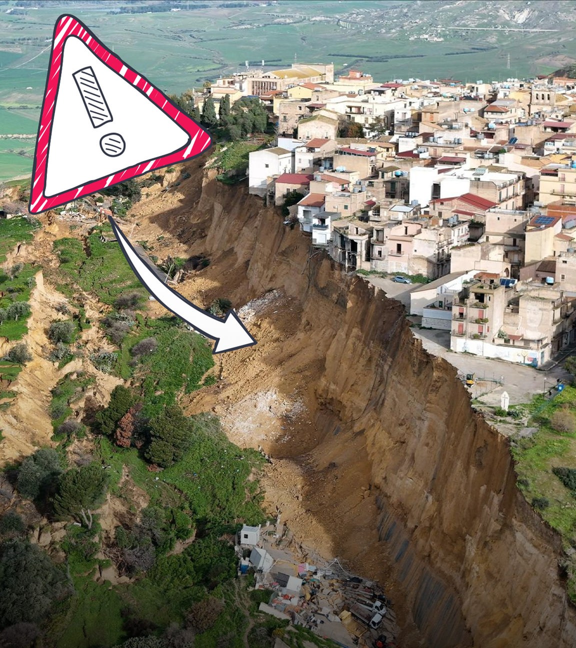 Erdrutsch auf Sizilien, daneben grafisches Wanrschild mit Pfeil