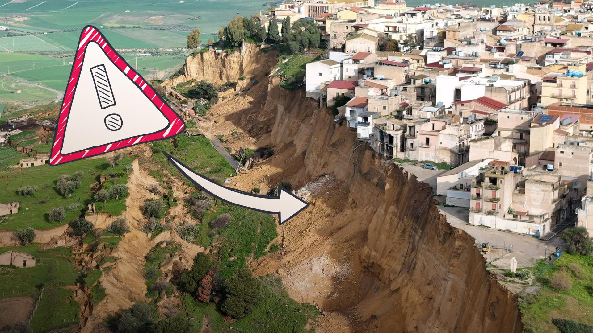 Erdrutsch auf Sizilien, daneben grafisches Wanrschild mit Pfeil