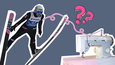 Skispringer auf der linken Seite, rechts ist eine Nähmaschine aus der ein pinker Faden kommt, der zum Skispringer verläuft, darüber zwei pinke Fragezeichen