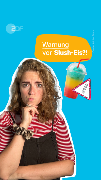 Eine Collage zeigt eine Frau, die nachdenklich schaut mit ihrer Hand am Kinn, daneben ein buntes Slush-Eis mit einem Warnschild davor, darüber steht "Warnung vor Slush-Eis?!" auf einem gelben Kreis, der Hintergrund ist blau