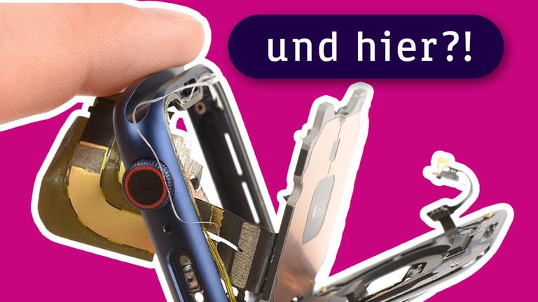 Auf dem Bild sieht man einen Daumen- und einen Zeigefinger, die die Hülle einer Smart-Watch halten.
