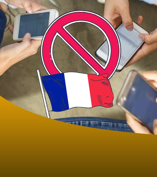Personen mit Smartphones in der Hand, darüber ein großes "Verboten"-Symbol und eine französische Flagge