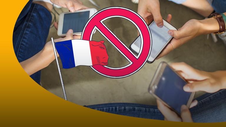 Personen mit Smartphones in der Hand, darüber ein großes "Verboten"-Symbol und eine französische Flagge