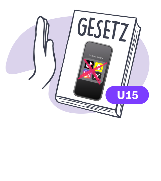 Grafik: Menschen an Pult mit Aufschrift "Verfassungsrat", daneben Handy mit Social-Media-Apps, die durchgestrichen sind auf Gesetzesblatt - daneben abweisende Hand