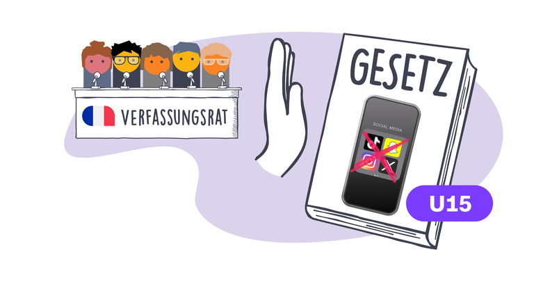 Grafik: Menschen an Pult mit Aufschrift "Verfassungsrat", daneben Handy mit Social-Media-Apps, die durchgestrichen sind auf Gesetzesblatt - daneben abweisende Hand