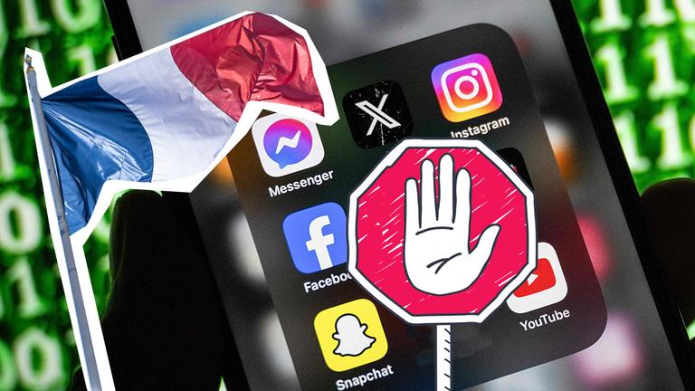 Handy mit Social media Apps, daneben französische Flagge und Stoppschild
