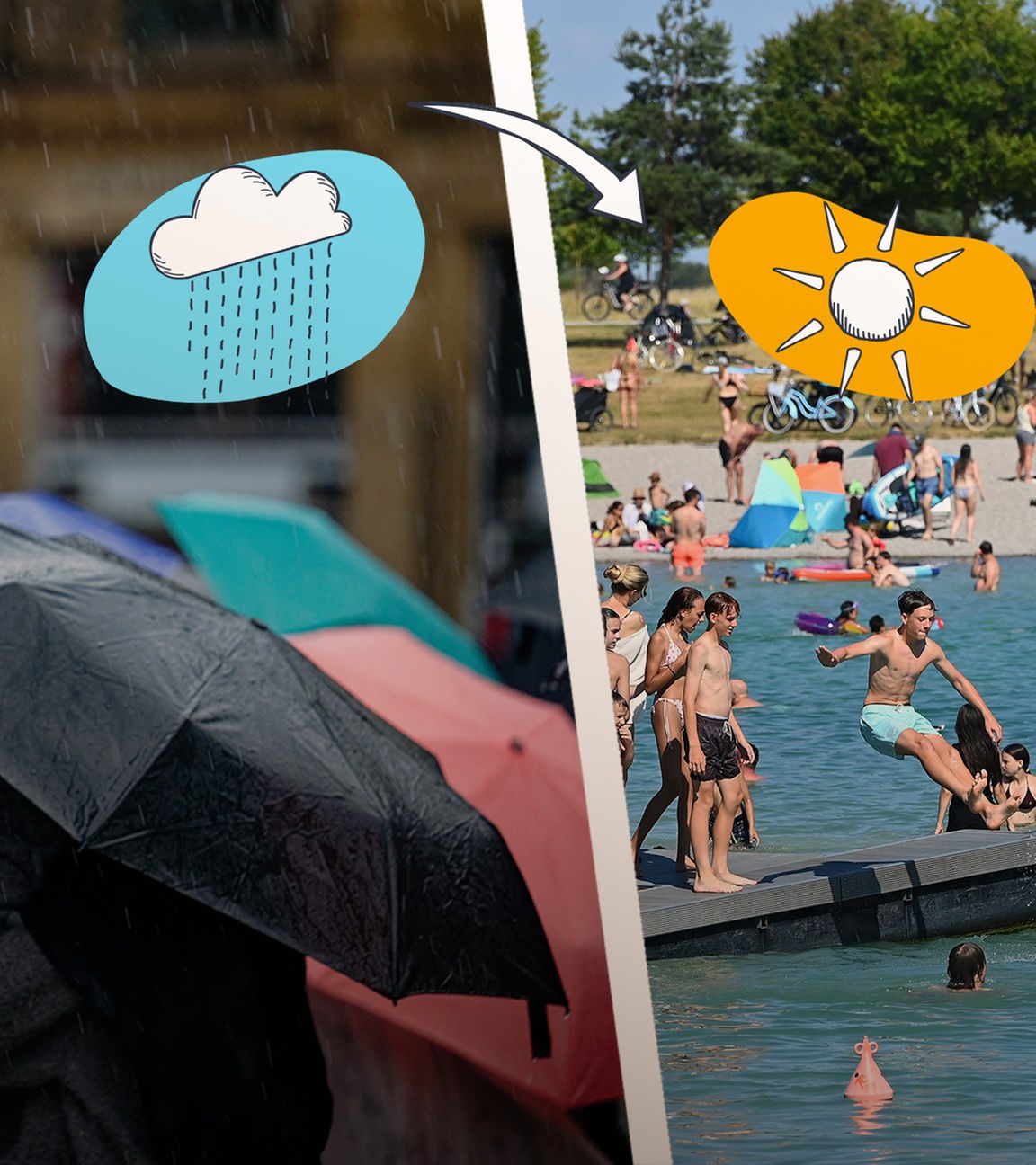 Menschen mit Regenschirmen und viele Menschen am See.