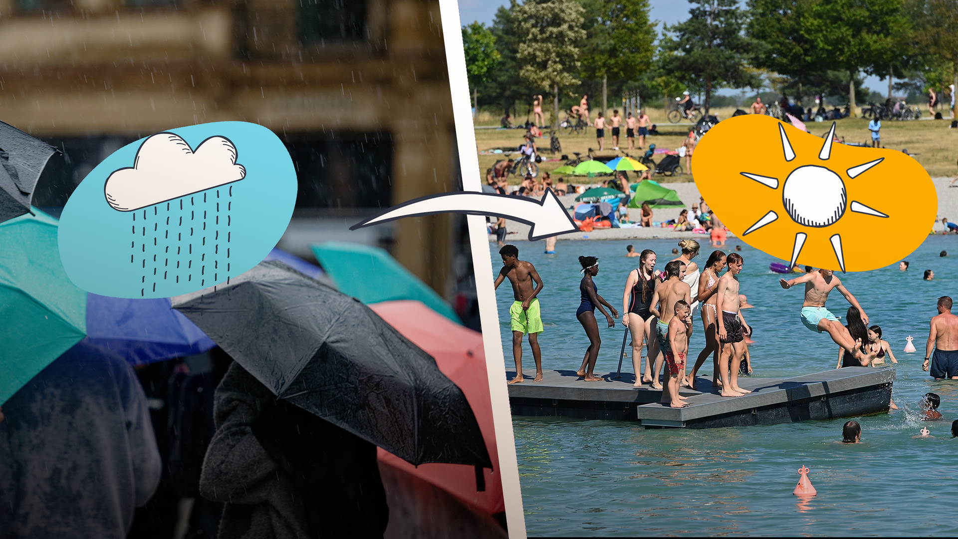 Menschen mit Regenschirmen und viele Menschen am See.