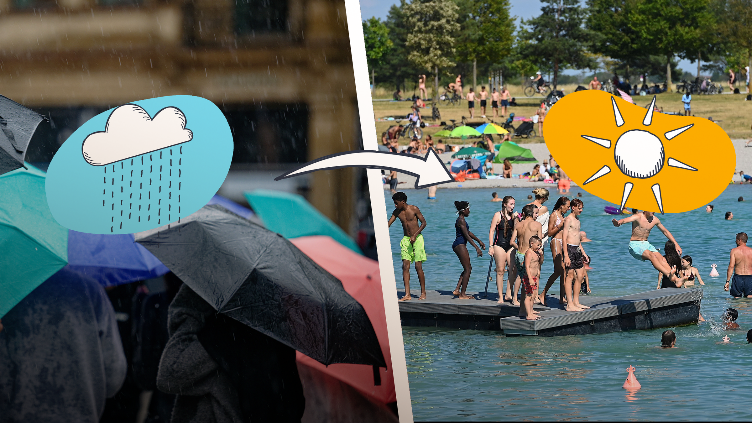 Menschen mit Regenschirmen und viele Menschen am See.