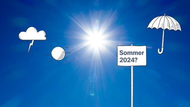 Sonne und blauer Himmel, außerdem eine gezeichnete Sonne, Gewitterwolke und Regenschirm