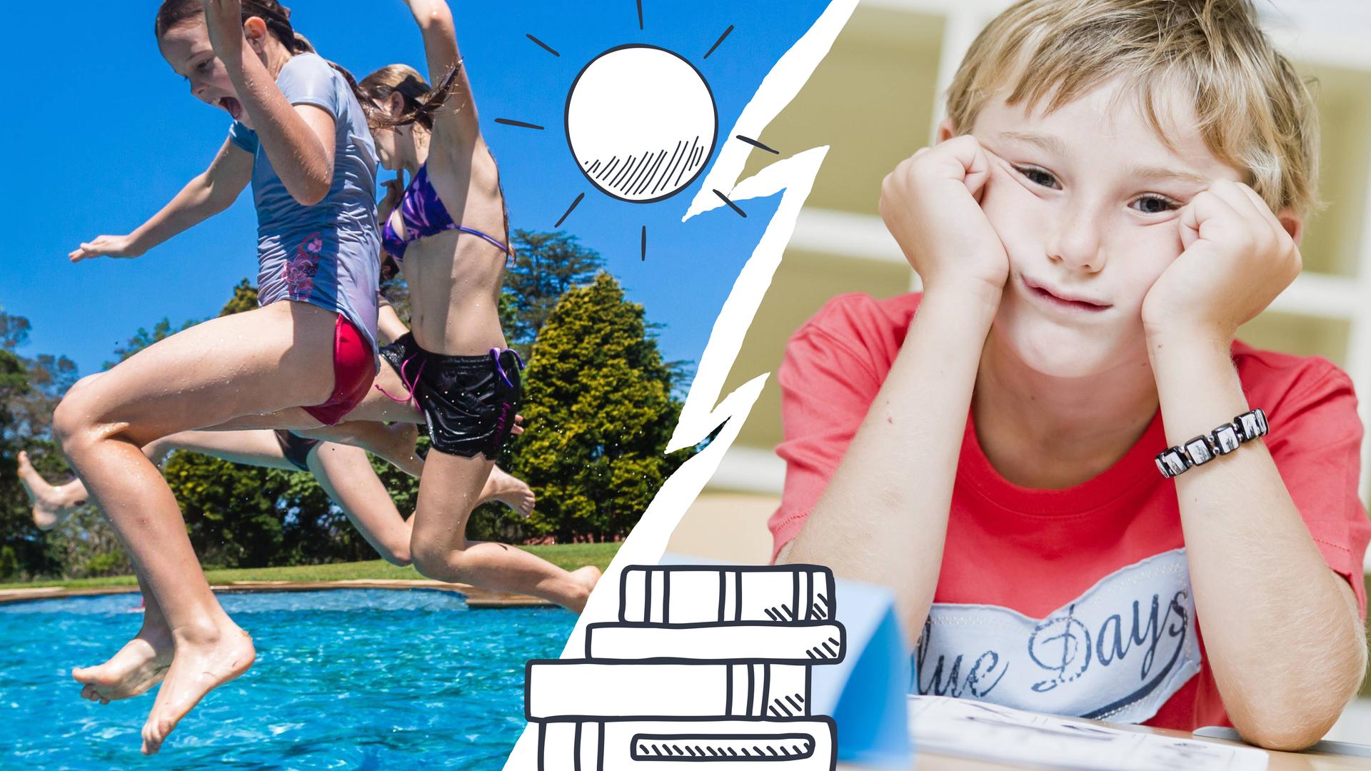 Kind ärgert sich, dass es keine Sommerferien hat, sondern in der Schule statt im Freibad ist