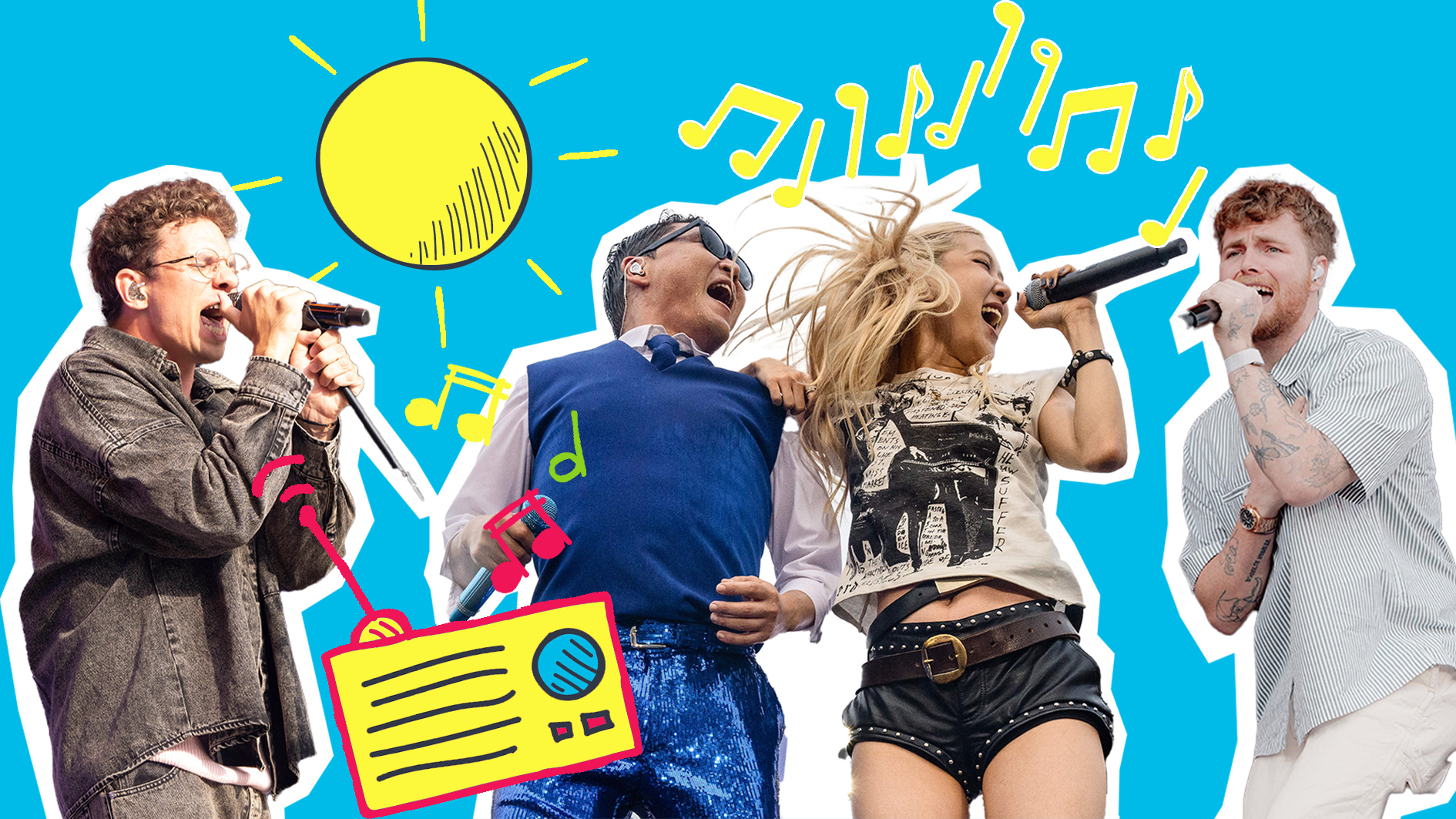 Verschiedene Popsängerinnen und -sänger mit Musik-Grafiken