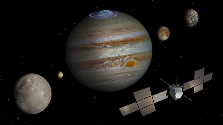 Die nicht maßstabsgetreue Abbildung zeigt die Sonde "Juice", Jupiter (M) und die Monde Ganymed (l-r), Io, Europa und Kallisto. 