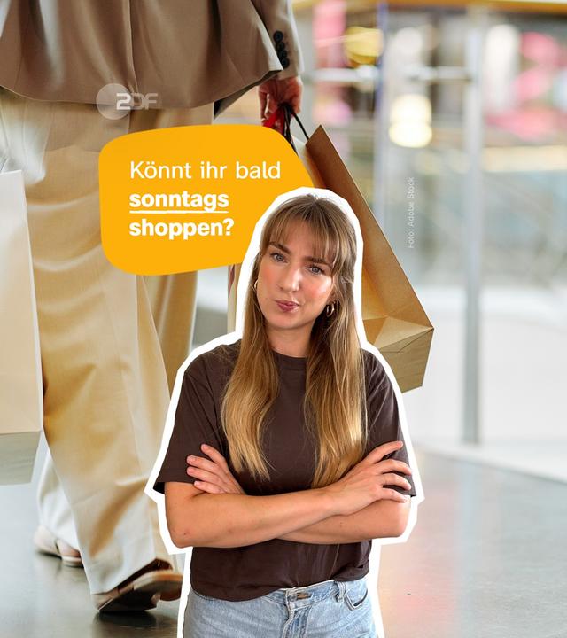 Host Johanna schaut nachdenklich in die Kamera, im Hintergrund Einkaufstüten. 