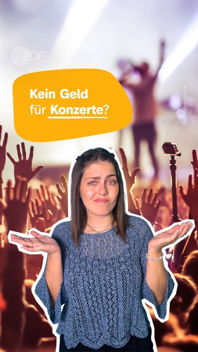 Host Caro vor Konzerthintergrund, daneben Schrift "Kein Geld für Konzerte"?