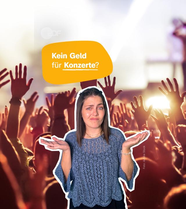 Host Caro vor Konzerthintergrund, daneben Schrift "Kein Geld für Konzerte"?