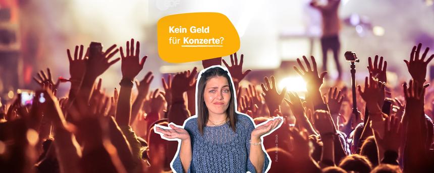 Host Caro vor Konzerthintergrund, daneben Schrift "Kein Geld für Konzerte"?