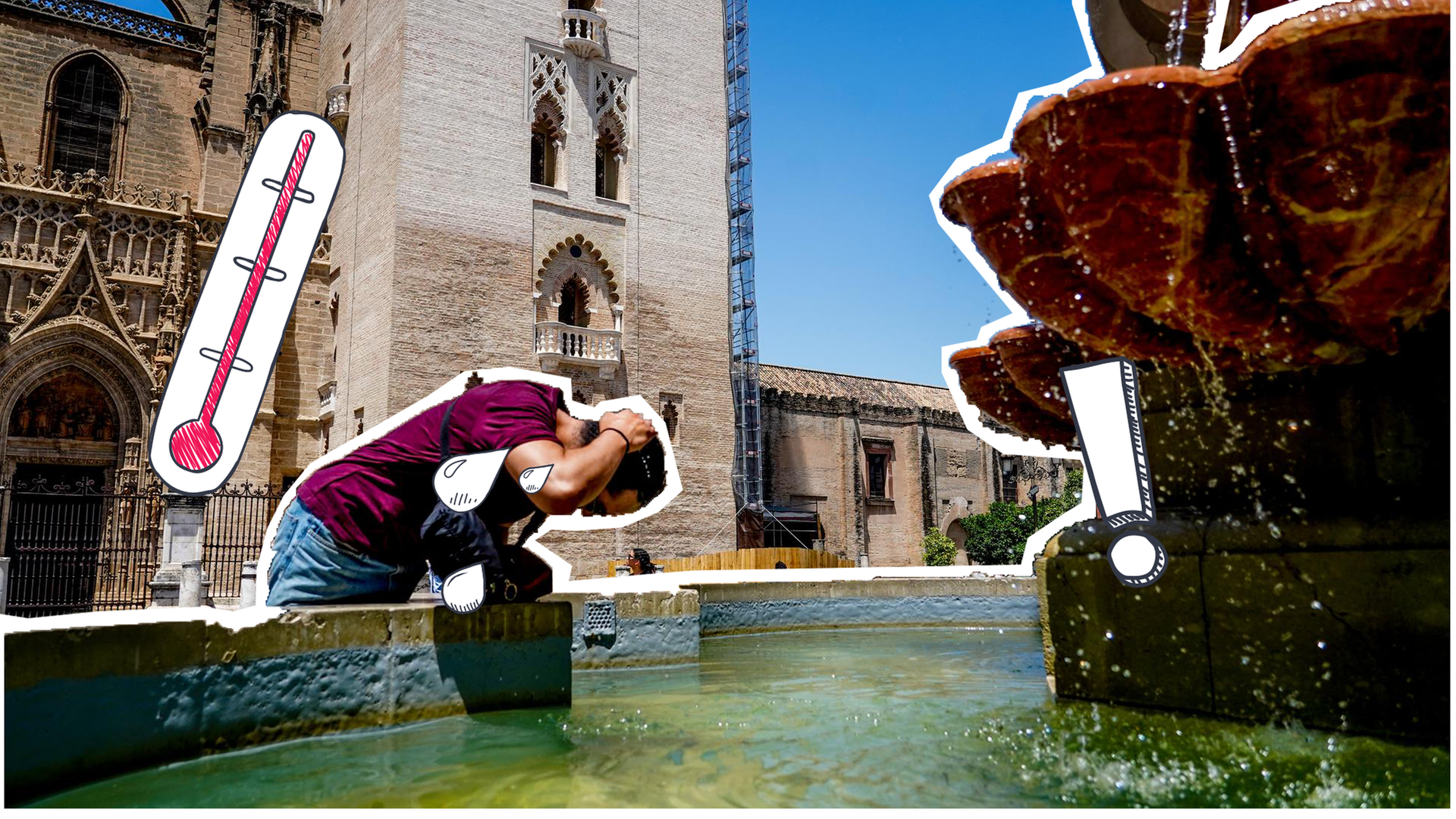Mann erfrischt sich an Brunnen in Sevilla, daneben Thermometer und Ausrufezeichen
