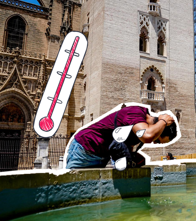 Mann erfrischt sich an Brunnen in Sevilla, daneben Thermometer und Ausrufezeichen