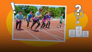 Foto von Leichtathleten beim Start, daneben ein gezeichnetes Siegertreppchen und eine Medaille