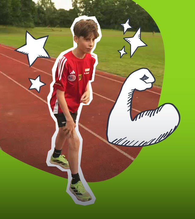 Eine Collage zeigt auf grünem Hintergrund, wie Nils rennt und daneben Doodles von einem starken Arm.