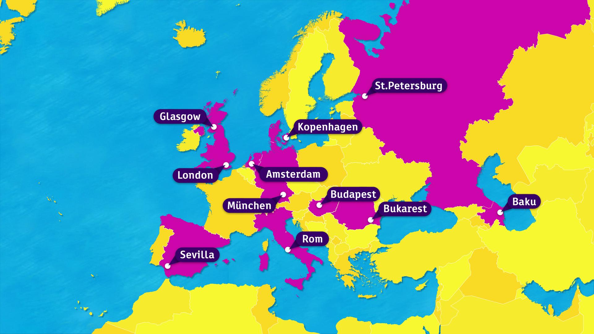Karte mit den Spielorten der Fußball-Europameisterschaft 2020
