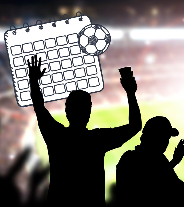 Jubelnde Fans als Silhouette in einem Fußballstadion, daneben ein Kalender, eine Uhr und drei Fußbälle