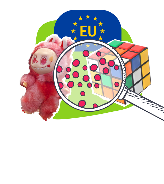 Grafik: Lupe über Spielzeug (Labubu und Zauberwürfel" darüber Lupe und EU-Zeichen