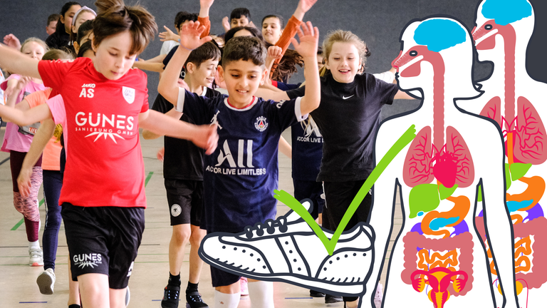 Kinder, die Sport machen, Grafiken von Körpern, Haken und Schuh