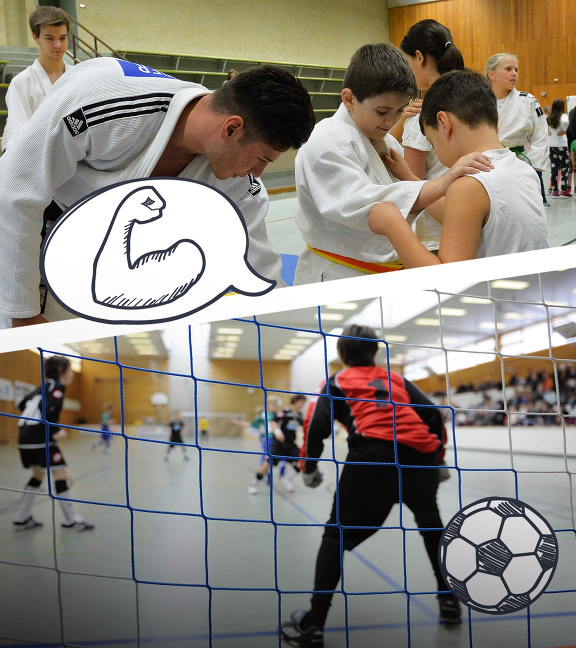Kinder, die Judo machen und Kinder, die Fußball spielen