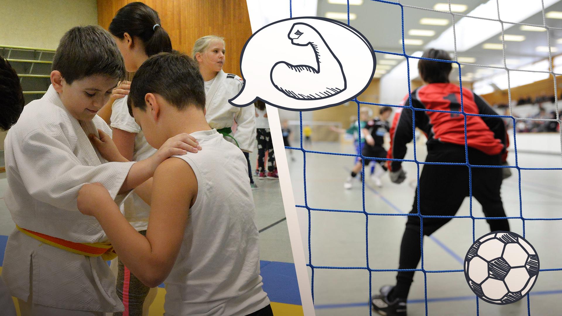 Kinder, die Judo machen und Kinder, die Fußball spielen