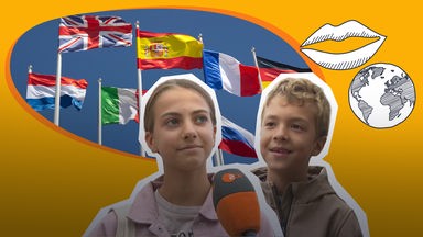 Kinder in der Umfrage und Flaggen verschiedener Länder