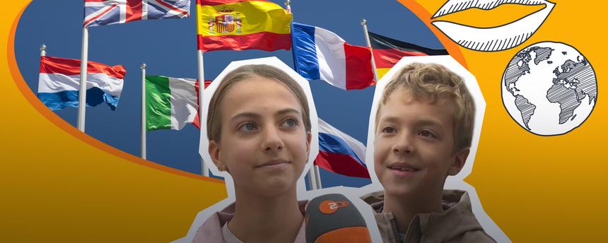 Kinder in der Umfrage und Flaggen verschiedener Länder